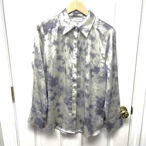 ACOA Shimmery Silky Button Down Blouse, Gray and Cream, Size L